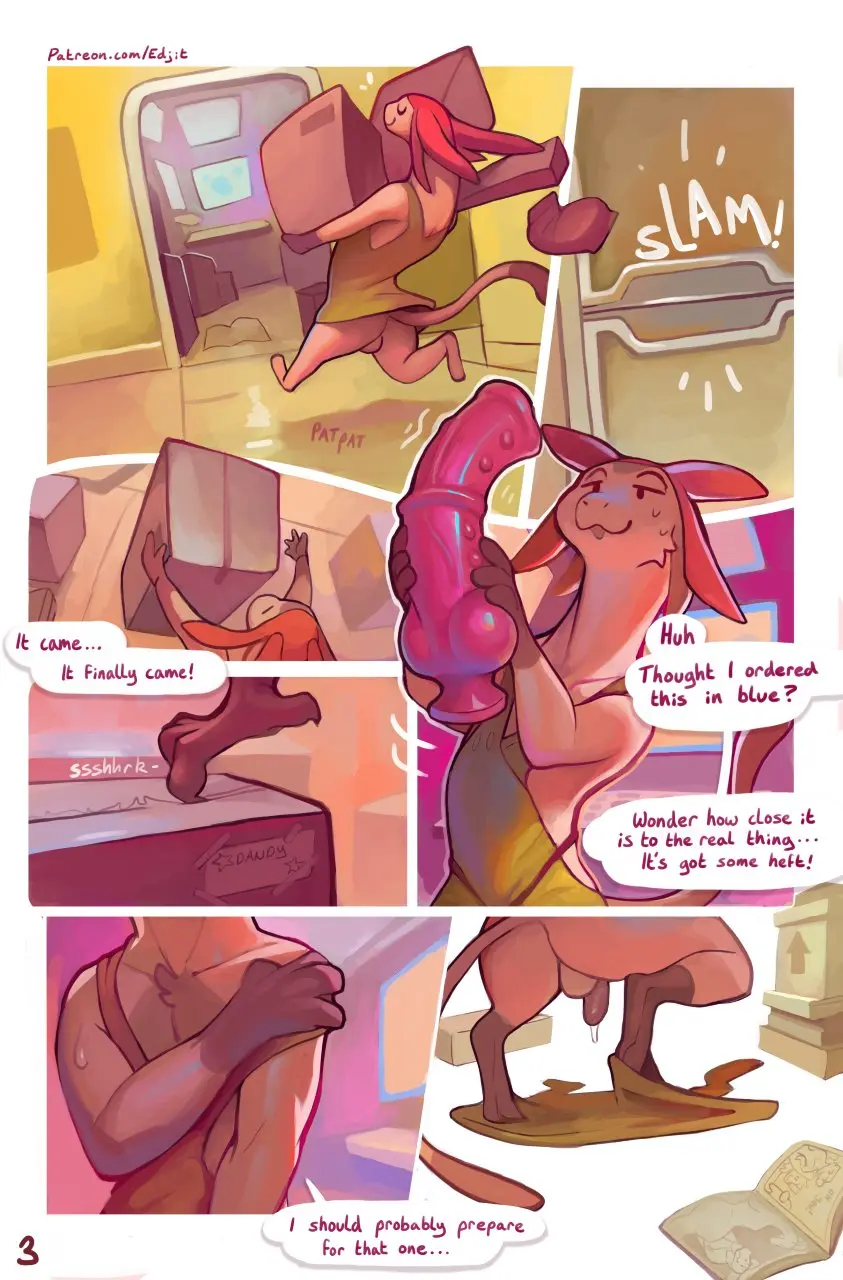 Image clothed,clothing,hi_res,solo,male,penis,sweat,tail,ass,headwear,headgear,balls,anthro,text,comic_page,genital_fluids,bodily_fluids,fur,genitals,mammal,precum,sex_toy,dildo,english_text,speech_bubble,imminent_anal,undressing,felid,alien,page_number,backsack,container,whiskers,box,betelgeusian,meow_(space_dandy),space_dandy,page_3,edjit