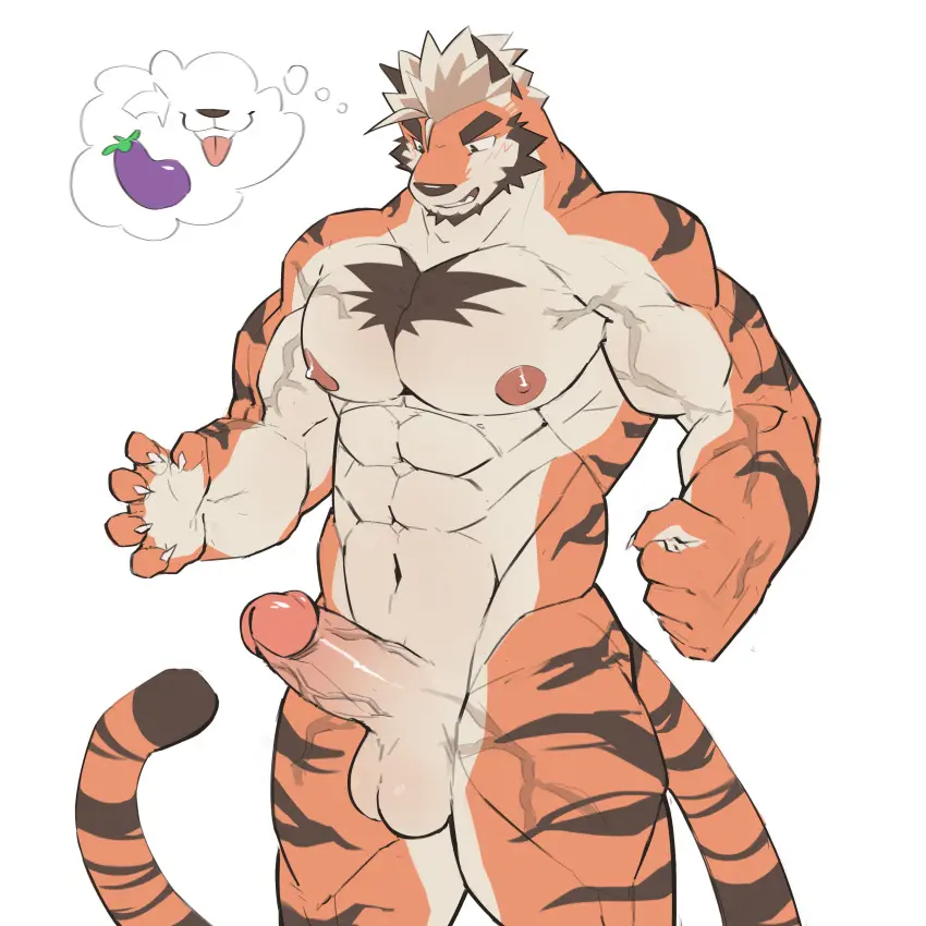 Image hi_res,nipples,simple_background,solo,male,nude,penis,erection,muscular,male_only,balls,anthro,absurd_res,looking_down,fur,genitals,mammal,pecs,5_fingers,feline,male_focus,abs,fingers,humanoid_genitalia,felid,thought_bubble,pantherine,stripes,tiger,chest_fur,fuzzywrath