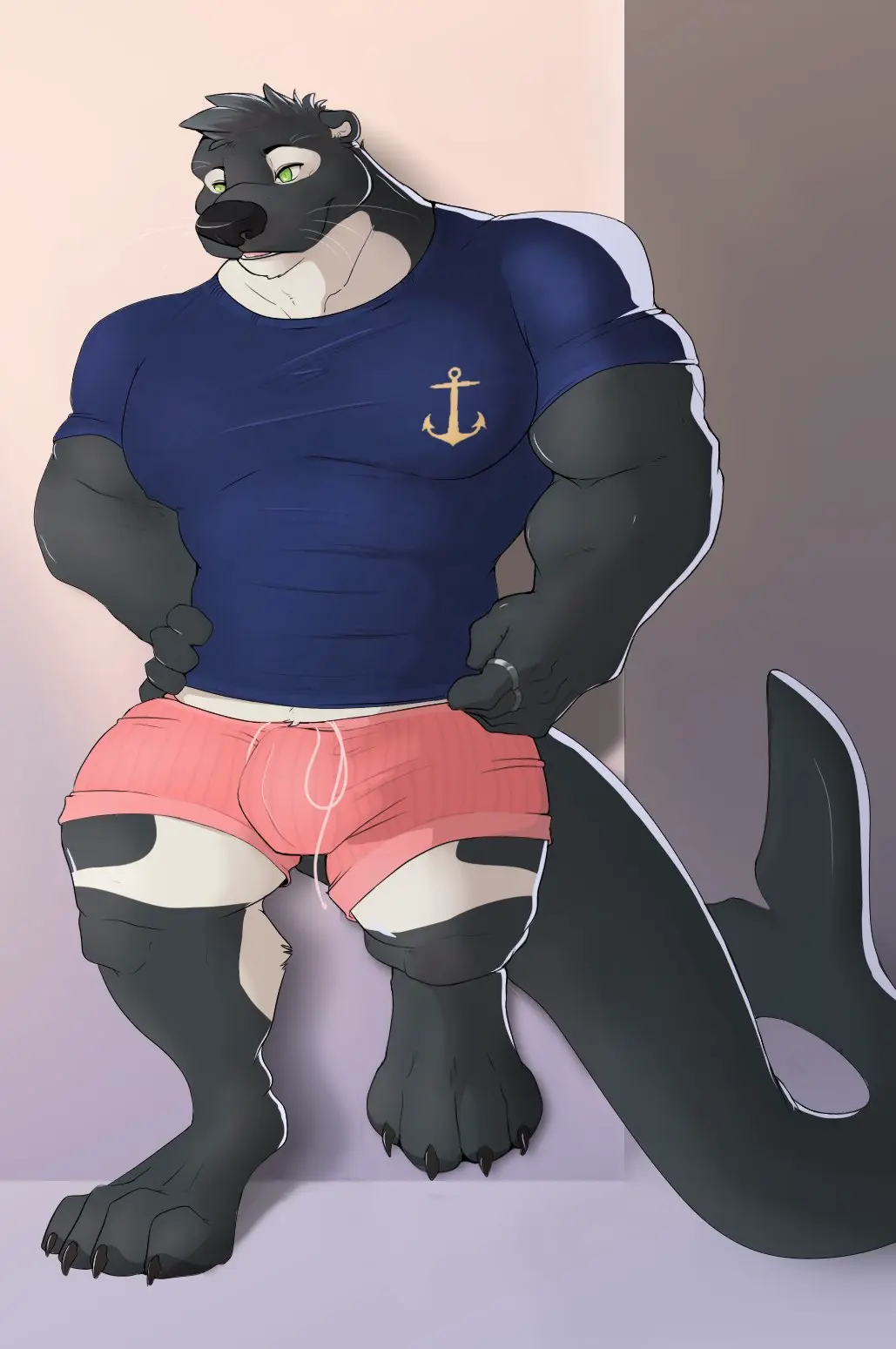 Image clothing,hi_res,shirt,simple_background,smile,solo,standing,male,tail,underwear,muscular,muscular_male,feet,male_only,digital_drawing_(artwork),digital_media_(artwork),anthro,green_eyes,2019,bulge,mammal,biceps,claws,muscular_anthro,paws,pecs,toe_claws,5_fingers,black_nose,biped,marine,male_focus,against_surface,fingers,ring,big_muscles,toes,mustelid,otter,hybrid,topwear,t-shirt,humanoid_hands,muscles,pink_clothing,black_claws,digitigrade,4_toes,blue_clothing,big_feet,blue_shirt,blue_topwear,finger_claws,against_wall,orca,cetacean,dolphin,oceanic_dolphin,toothed_whale,pink_underwear,black_and_white_fur,mosin,blue_t-shirt