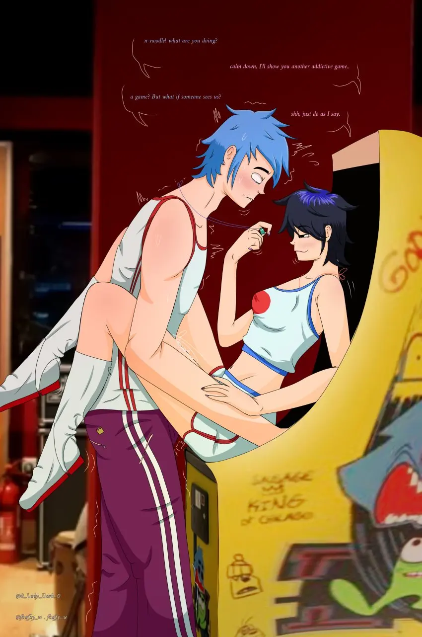 Image clothing,female,human,blue_hair,male,sportswear,pale_skin,purple_hair,game,electronics,white_eyes,2d_(gorillaz),gorillaz,arcade_machine,noodle_(gorillaz),noodle_(pac-man),2nu,fluffy_w,2d_(pac-man)