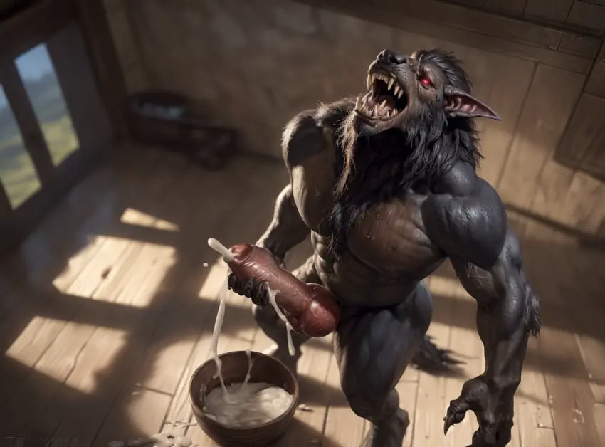 Image solo,cum,male,muscular,muscular_male,ai_generated,looking_pleasured,masturbation,realistic,canine,wolf,cumming,cumshot,knot,werewolf,cum_in_bowl,bowl,jerk_off,howling