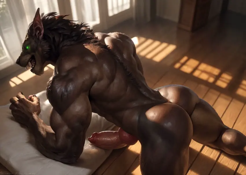 Image looking_at_viewer,solo,male,ass,muscular,muscular_male,ai_generated,masturbation,realistic,canine,precum,wolf,ass_focus,all_fours,knot,werewolf,looking_back_at_viewer,on_all_fours,jerk_off