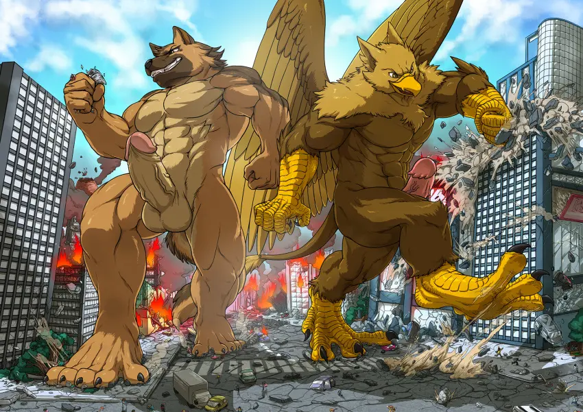 Image brown_eyes,male,nude,penis,tail,yellow_eyes,furry,duo,erection,humanoid_penis,muscular,muscular_male,2boys,male_only,hair,feathered_wings,feathers,wings,anthro,mythology,brown_hair,alternate_version_available,canid,canine,fur,genitals,mammal,claws,5_fingers,avian,humanoid_genitalia,brown_fur,mythological_creature,brown_body,city,micro,4_toes,vehicle,destruction,car,5_toes,talons,gryphon,mythological_avian,barbed_corona_glans,carpo,rampage,2anthro,stan_melgar,tatugon
