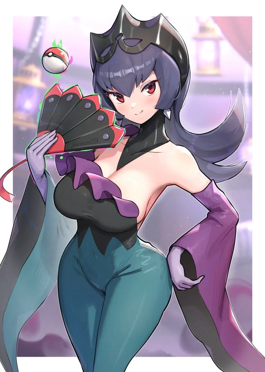 Image 1girls,big_breasts,breasts,clothed,clothing,female,looking_at_viewer,red_eyes,solo,gloves,navel,pokemon,earrings,thick_thighs,white_skin,wide_hips,smiling,cleavage,tagme,purple_hair,makeup,gonzarez,bodysuit,signature,queen,tiara,crown,eyeliner,sabrina_(pokemon),pokeball,fan,pokemon_bw2,pokemon_masters,pokemon_masters_ex,pokemon_rgby,gym_leader,outfit,holding_fan,bellelba,sabrina_(pokemon_bw2)