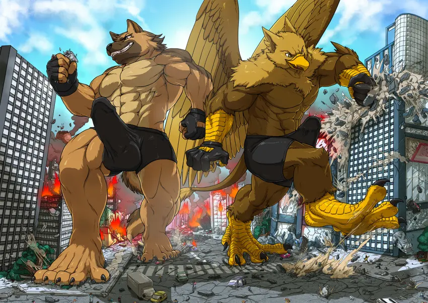 Image brown_eyes,clothing,male,penis,tail,yellow_eyes,furry,duo,erection,humanoid_penis,muscular,muscular_male,2boys,male_only,hair,feathered_wings,feathers,wings,anthro,mythology,brown_hair,alternate_version_available,canid,canine,fur,genitals,mammal,claws,5_fingers,fingerless_gloves,avian,humanoid_genitalia,brown_fur,boner,mythological_creature,brown_body,mostly_nude,city,micro,4_toes,vehicle,destruction,car,5_toes,talons,gryphon,mythological_avian,trunks_(clothing),barbed_corona_glans,carpo,rampage,2anthro,stan_melgar,tatugon