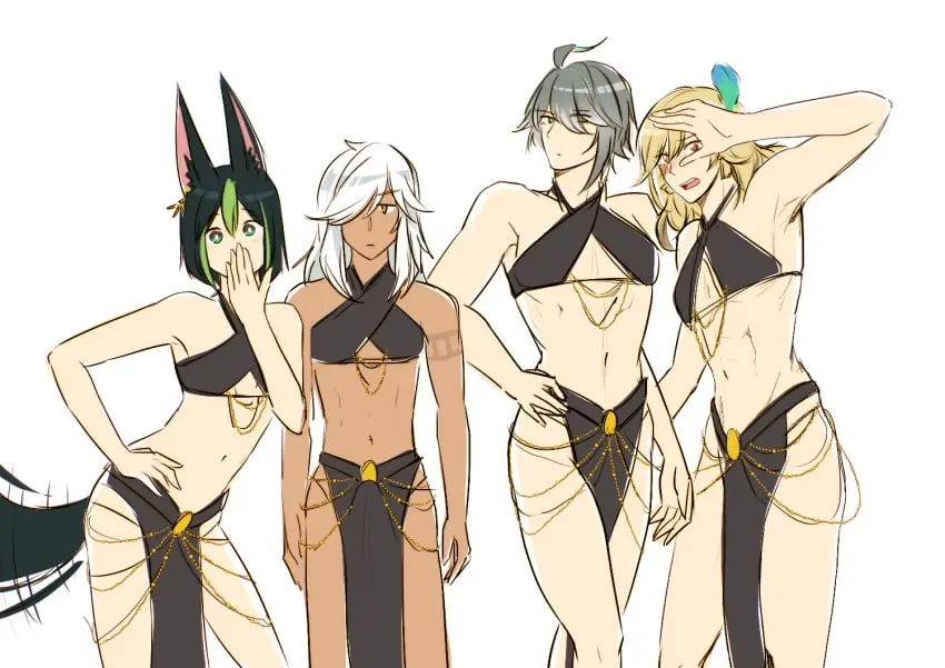 Image blush,brown_eyes,grey_hair,hair_ornament,red_eyes,standing,white_hair,animal_ears,male,tail,tail_wagging,erection,femboy,feathers,blonde_hair,green_eyes,genshin_impact,hand_on_own_hip,erection_under_clothes,green_hair,male_focus,abs,yomorio_lingerie,alhaitham_(genshin_impact),kaveh_(genshin_impact),covering_own_mouth,multicolored_eyes,feather_hair_ornament,tighnari_(genshin_impact),cyno_(genshin_impact),onemulberryjam