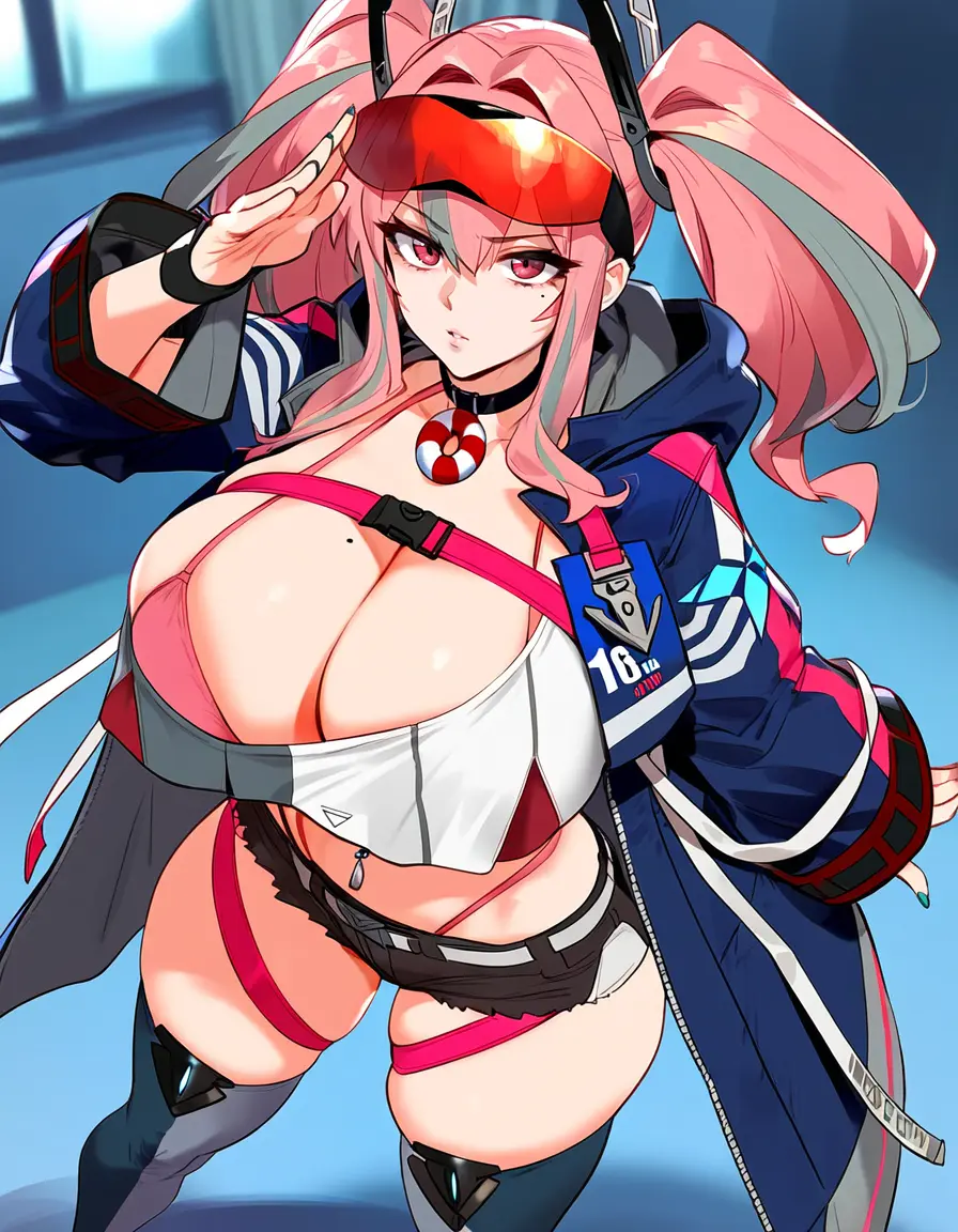 Image 1girls,female,female_only,looking_at_viewer,navel,female_focus,thick_thighs,thighs,ai_generated,pink_hair,pink_eyes,jacket,navel_piercing,azur_lane,goggles,goggles_on_head,bremerton_(azur_lane),child_bearing_hips,pink_bikini
