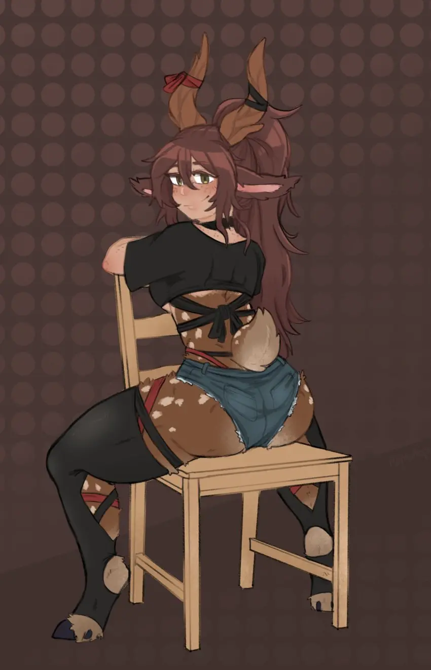 Image female,long_hair,thighhighs,freckles,horns,green_eyes,brown_hair,shorts,brown_fur,hooves,sitting_on_chair,spotted_fur,faun,deer_ears,deer_tail,deer_girl,pomutop,root_(eztarg3t)