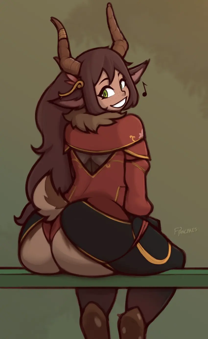 Image 1girls,clothed,female,female_only,long_hair,solo,animal_ears,ass,humanoid,freckles,smiling,horns,artist_name,jewelry,green_eyes,brown_hair,ass_focus,faun,deer_ears,deer_tail,deer_girl,anime_nose,ass_exposed,half-human,root_(eztarg3t),freepancakes