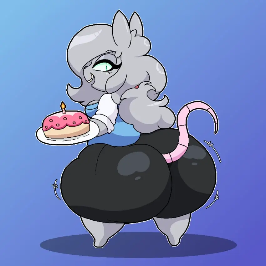 Image 1girls,big_breasts,breasts,clothed,female,looking_at_viewer,simple_background,furry,big_ass,bottom_heavy,bubble_butt,huge_ass,looking_back,thick_thighs,wide_hips,clothed_female,solo_female,anthro,furry_female,fat_ass,gradient_background,green_eyes,original,original_character,skirt,grey_body,grey_fur,tight_clothing,ass_focus,2024,anthro_female,looking_back_at_viewer,rat,rat_ears,rat_tail,rodent,solo_anthro,clothed_anthro,movement_lines,ass_bigger_than_torso,jiggling_ass,rodent_humanoid,rat_girl,wobbling_ass,tight_skirt,birthday_cake,heyfawndue,elisa_(maddeku),elisa_(rattiesteps),holding_cake,maddeku,one_tone_fur,rattiesteps