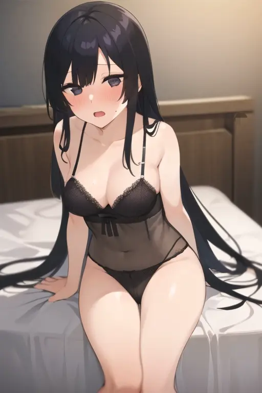 Image 1girls,blush,breasts,female,female_only,highres,light-skinned_female,light_skin,long_hair,looking_at_viewer,solo,bangs,black_hair,panties,ai_generated,lingerie,solo_female,tagme,medium_breasts,sitting,bed,bedroom,commentary_request,high_resolution,sitting_on_bed,english_commentary,akuyaku_reijou_level_99,yumiella_dolkness