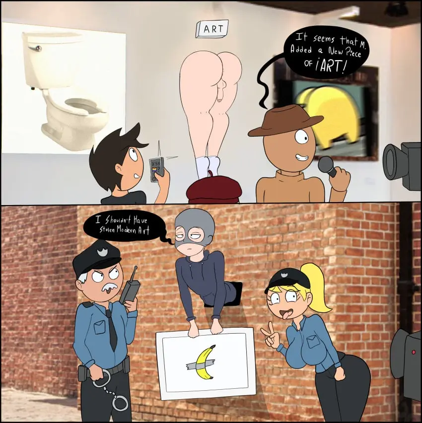 Image female,male,big_ass,femboy,text,original_character,artist_request,comic,english_text,embarrassed_nude_femboy,thief,microphone,meme,phone,police,toilet,public_nudity,unknown_artist,handcuffs,showing_ass,policewoman,public_exposure,brick_wall,stuck_in_wall,stuck,hoodie_only,through_wall,among_us_reference,mask_on_head,exhibition,banana,among_us_yellow,museum