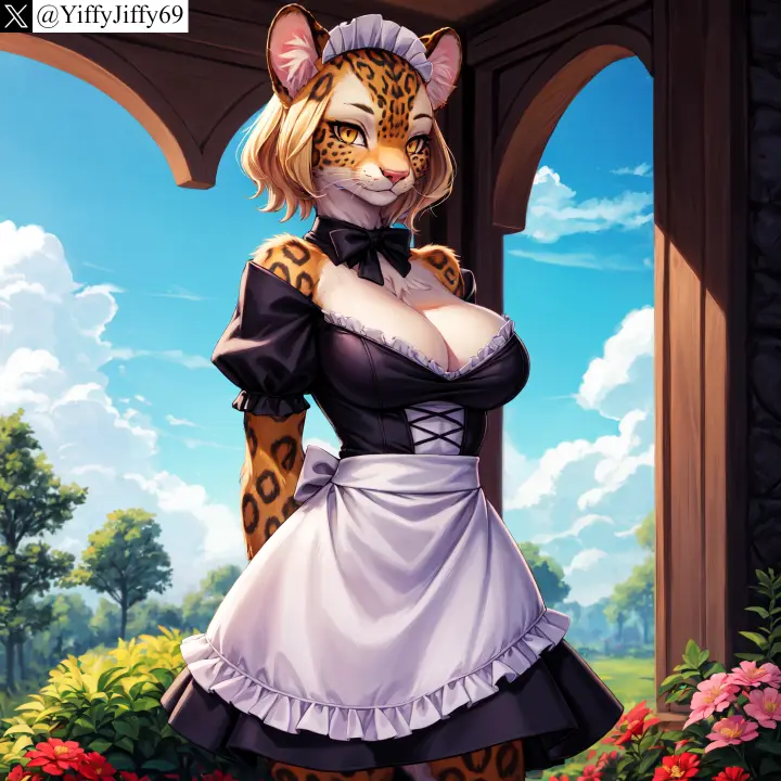 Image bow,breasts,cowboy_shot,female,large_breasts,looking_at_viewer,smile,solo,standing,animal_ears,short_hair,yellow_eyes,furry,watermark,sky,ai_generated,artist_name,cleavage,anthro,furry_female,twitter,blonde_hair,stable_diffusion,dress,cloud,detached_collar,outdoors,maid,closed_mouth,short_sleeves,black_dress,flower,maid_headdress,red_flower,apron,feline,tree,body_fur,slit_pupils,white_fur,blue_sky,day,bowtie,puffy_sleeves,arms_behind_back,leopard,twitter_username,black_bow,white_apron,waist_apron,black_bowtie,maid_apron,frills,frilled_apron,yiffyjiffy69,puffy_short_sleeves