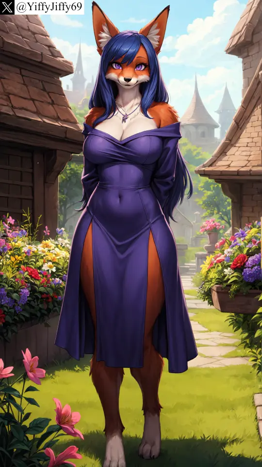Image blush,breasts,female,large_breasts,long_hair,looking_at_viewer,open_mouth,smile,solo,standing,animal_ears,bangs,blue_hair,furry,animal_ear_fluff,watermark,sky,ai_generated,artist_name,bare_shoulders,cleavage,collarbone,jewelry,anthro,furry_female,twitter,stable_diffusion,dress,purple_eyes,cloud,necklace,outdoors,canine,snout,two_tone_fur,off_shoulder,flower,covered_navel,2024,body_fur,full_body,fox,white_fur,blue_sky,day,grass,arms_behind_back,twitter_username,purple_dress,bush,animal_nose,yiffyjiffy69,pink_flower,purple_flower