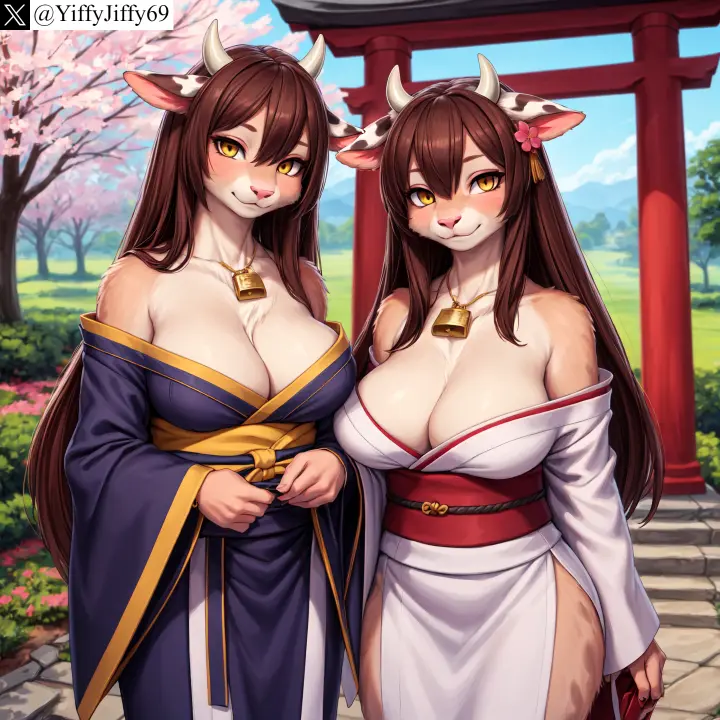 Image blush,breasts,female,hair_ornament,large_breasts,long_hair,long_sleeves,looking_at_viewer,smile,standing,2girls,animal_ears,bangs,multiple_girls,yellow_eyes,furry,watermark,horns,ai_generated,artist_name,bare_shoulders,cleavage,collarbone,anthro,furry_female,twitter,stable_diffusion,brown_hair,hair_between_eyes,outdoors,closed_mouth,off_shoulder,flower,hair_flower,tree,bovine,kimono,day,cow_ears,cow_horns,bell,torii,japanese_clothes,wide_sleeves,twitter_username,obi,sash,yiffyjiffy69,cherry_blossoms,pink_flower,cow