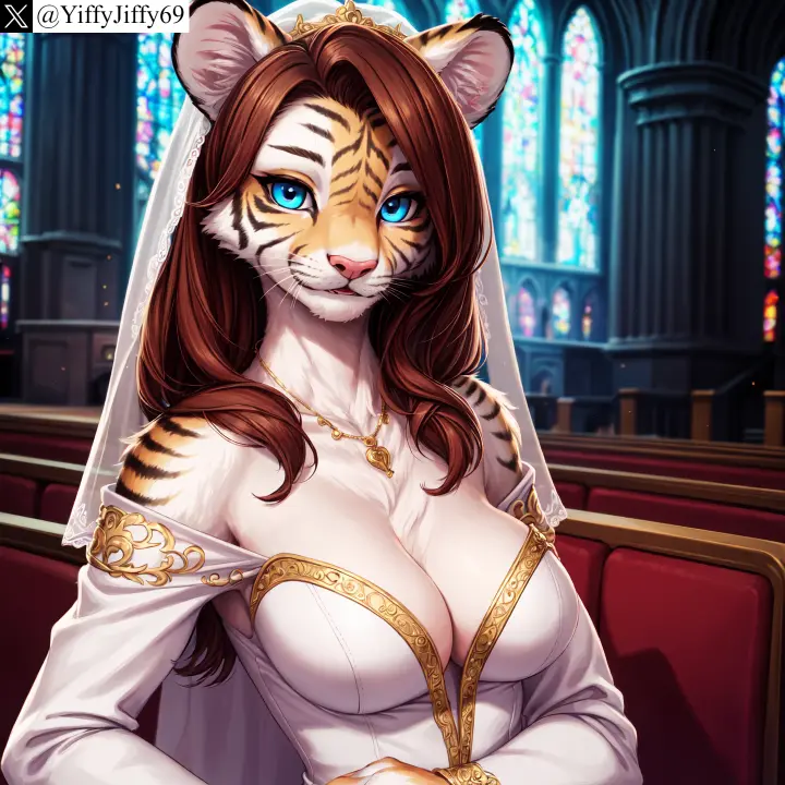Image breasts,female,large_breasts,long_hair,looking_at_viewer,solo,animal_ears,blue_eyes,furry,watermark,ai_generated,artist_name,cleavage,jewelry,anthro,furry_female,twitter,stable_diffusion,dress,necklace,brown_hair,white_dress,feline,church,tiger,twitter_username,veil,yiffyjiffy69,tiger_ears,stained_glass