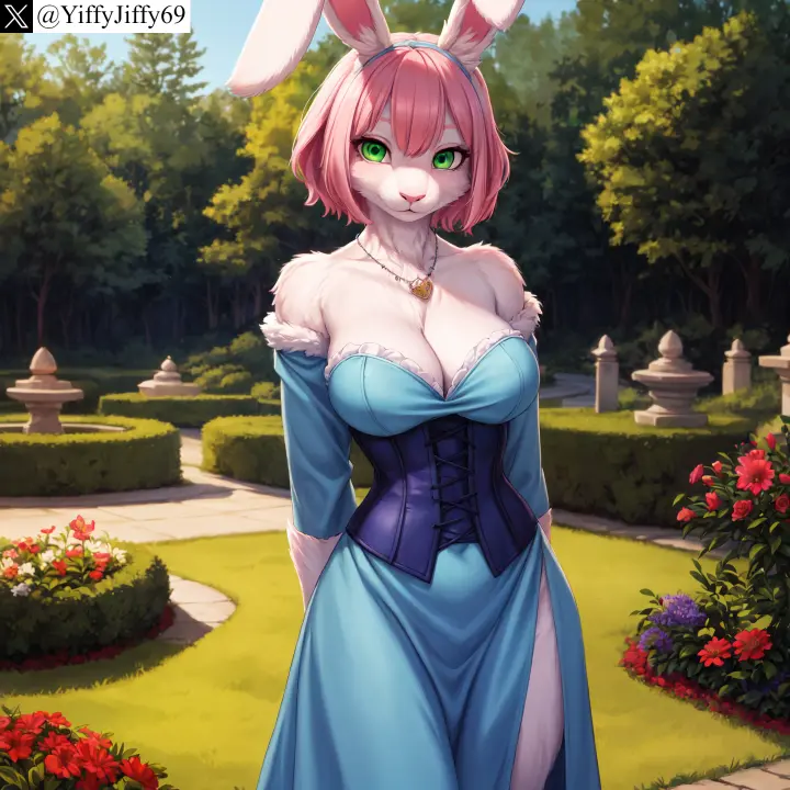 Image breasts, cowboy_shot, female, large_breasts, long_sleeves, looking_at_viewer, smile, solo, standing, animal_ears, bangs, short_hair, furry, watermark, sky, ai_generated, artist_name, bare_shoulders, cleavage, collarbone, hairband, jewelry, pink_hair, anthro, furry_female, twitter, green_eyes, stable_diffusion, dress, cloud, necklace, detached_sleeves, rabbit_ears, outdoors, two_tone_fur, flower, red_flower, 2024, tree, body_fur, corset, white_fur, rabbit, blue_sky, day, blue_dress, grass, arms_behind_back, twitter_username, garden, path, bush, animal_nose, yiffyjiffy69, side_slit, lag