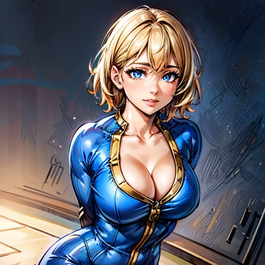 Image 1girls,breasts,female,hi_res,large_breasts,blue_eyes,short_hair,ai_generated,cleavage,clothed_female,blonde_hair,stable_diffusion,bodysuit,skin_tight,bethesda_softworks,fallout,arbitrary