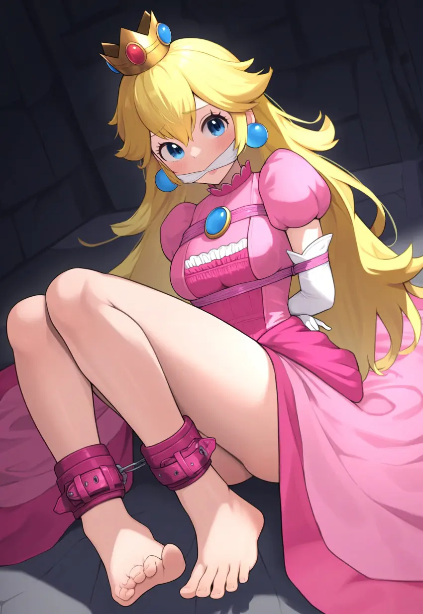 Image blush,female,looking_at_viewer,blue_eyes,ai_generated,blonde_hair,mario_(series),bondage,princess_peach,gag,gagged,bound_ankles,crown,arms_tied_behind_back,cleave_gag,blackjackmacbastard