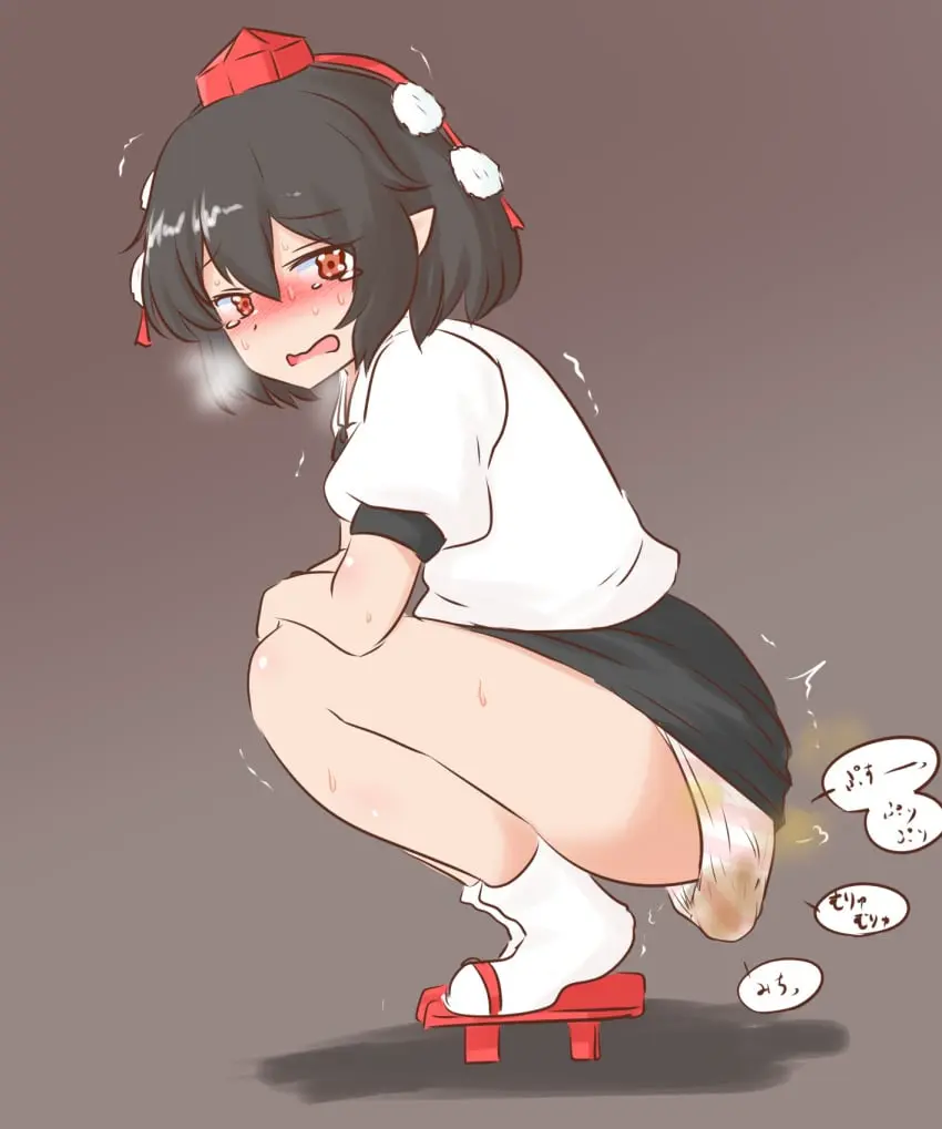 Image blush,touhou,black_hair,panties,pointy_ears,white_shirt,squatting,water_noodle,touhou_project,black_skirt,scat,white_socks,red_footwear,soiling,shameimaru_aya,soiling_underwear,tokin_hat,panty_poop