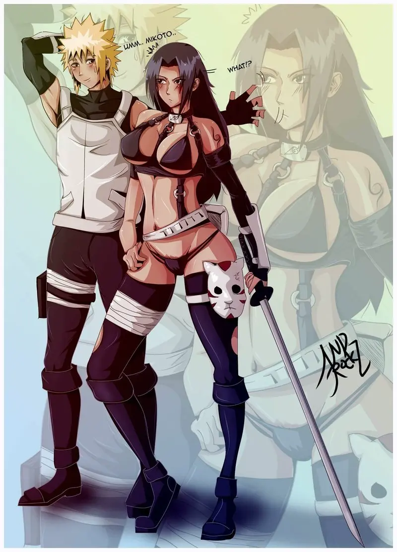 Image 1girls,female,pants,shirt,very_long_hair,1boy,black_hair,blue_eyes,gloves,male,bra,panties,milf,cleavage,midriff,straps,tattoo,text,blonde_hair,mature_female,fundoshi,holding_object,dialogue,black_eyes,revealing_clothes,alternate_costume,bottomless,arm_tattoo,belt,partially_clothed,mature,naruto,naruto_(classic),naruto_(series),naruto_shippuden,talking,full_body,holding_weapon,ninja,weapon,kimono,kunoichi,boots,mask,sword,vest,talking_to_another,katana,zoom_layer,namikaze_minato,uchiha_mikoto,konohagakure_symbol,anbu_(naruto),indrockz