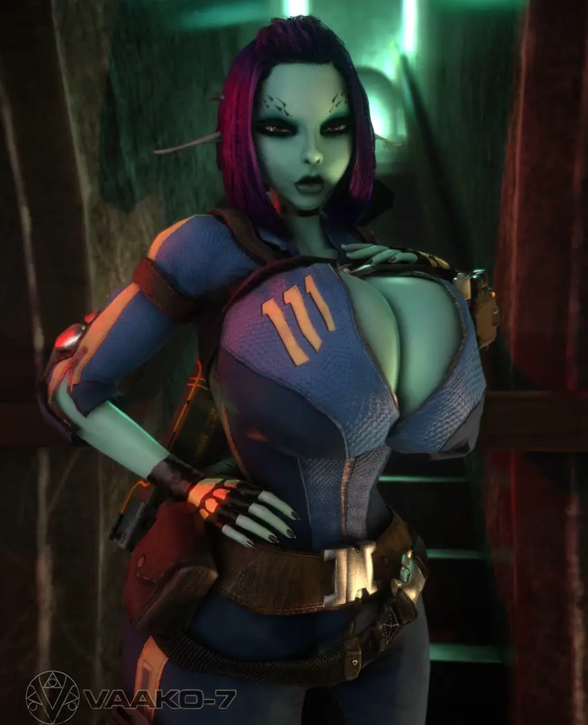 Image 1girls,breasts,clothed,female,female_only,open_clothes,solo,gloves,thick_thighs,thighs,wide_hips,watermark,cleavage,clothed_female,solo_female,huge_breasts,breasts_bigger_than_head,gigantic_breasts,pointy_ears,purple_hair,3d,hourglass_figure,slim_waist,upper_body,3d_(artwork),heterochromia,thin_waist,small_waist,long_pointy_ears,bodysuit,fingerless_gloves,long_ears,top_heavy,blue_skin,bethesda_softworks,fallout,vault_suit,top_heavy_breasts,vaako,open_bodysuit,wasp_waist,soria