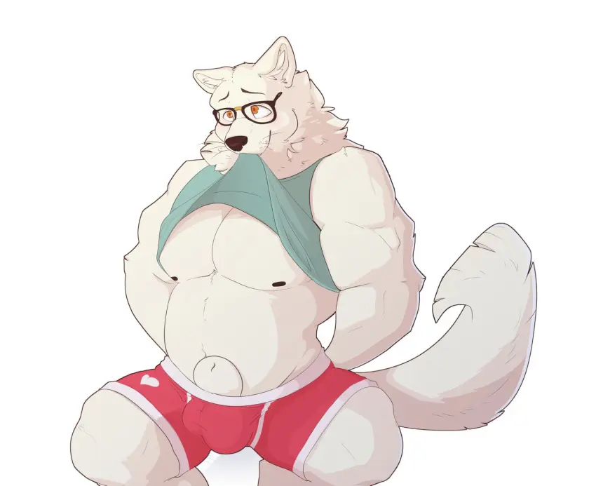 Image clothed,clothing,hi_res,nipples,shirt,solo,male,navel,tail,furry,underwear,orange_eyes,muscular,areola,shy,male_only,belly,digital_drawing_(artwork),digital_media_(artwork),looking_away,eyewear,glasses,anthro,sitting,canid,canine,canis,domestic_dog,fur,genitals,mammal,biceps,pecs,shirt_lift,biped,white_body,male_focus,big_muscles,animal_genitalia,sheath,topwear,white_fur,red_clothing,muscles,clothing_lift,2020,spitz,nordic_sled_dog,red_underwear,samoyed,shirt_in_mouth,mosin