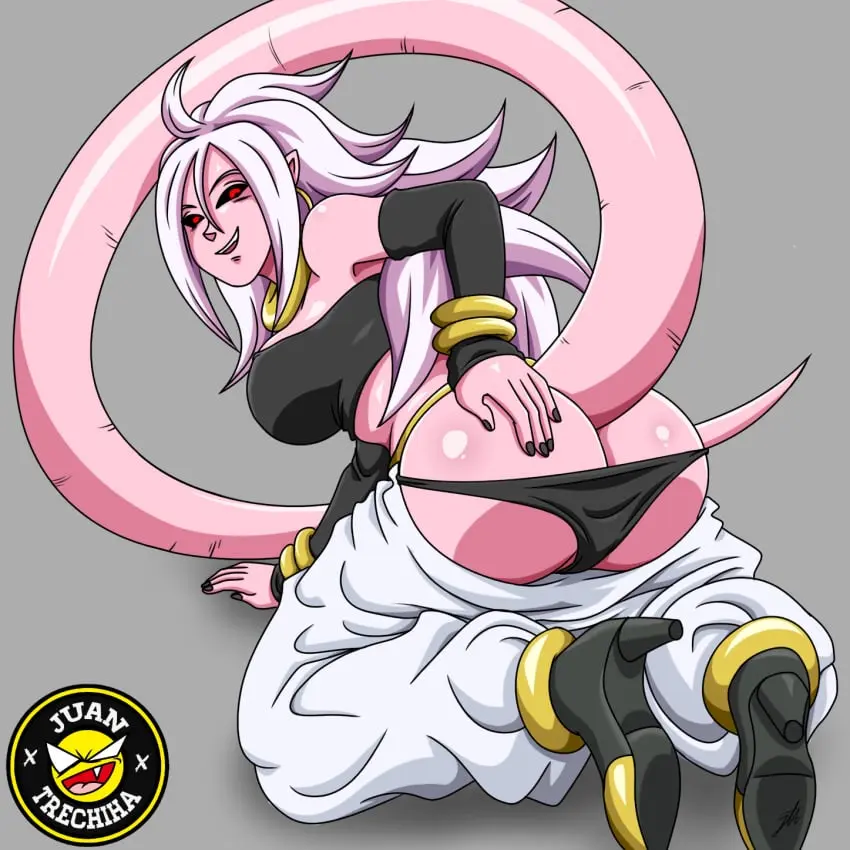 Image female,female_only,red_eyes,smile,solo,white_hair,tail,panties,ass,solo_female,pink_hair,dragon_ball,dragon_ball_z,ass_focus,back_view,pink_body,android_21,dragon_ball_fighterz,pink_skin,majin,majin_android_21,pink_nose,pervert,android_girl,android_21_(evil),juantrechiha