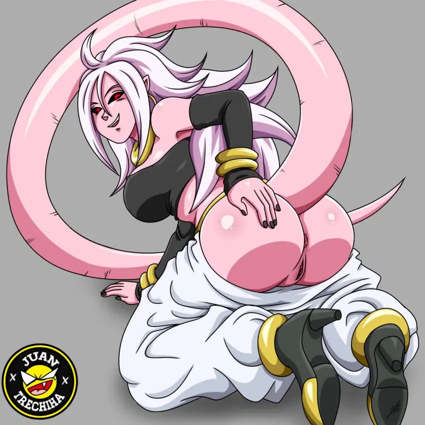 Image female,female_only,red_eyes,smile,solo,white_hair,pussy,tail,ass,vagina,solo_female,pink_hair,dragon_ball,dragon_ball_z,ass_focus,back_view,pink_body,android_21,dragon_ball_fighterz,pink_skin,majin,majin_android_21,pervert,butt_focus,android_girl,sexy_beach,android_21_(evil),juantrechiha