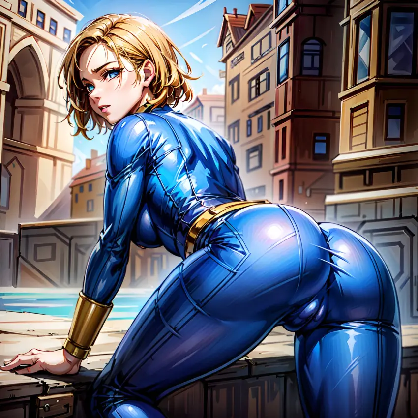 Image 1girls,female,hi_res,blue_eyes,short_hair,ai_generated,clothed_female,from_behind,blonde_hair,stable_diffusion,cameltoe,bodysuit,large_ass,skin_tight,bethesda_softworks,fallout,arbitrary