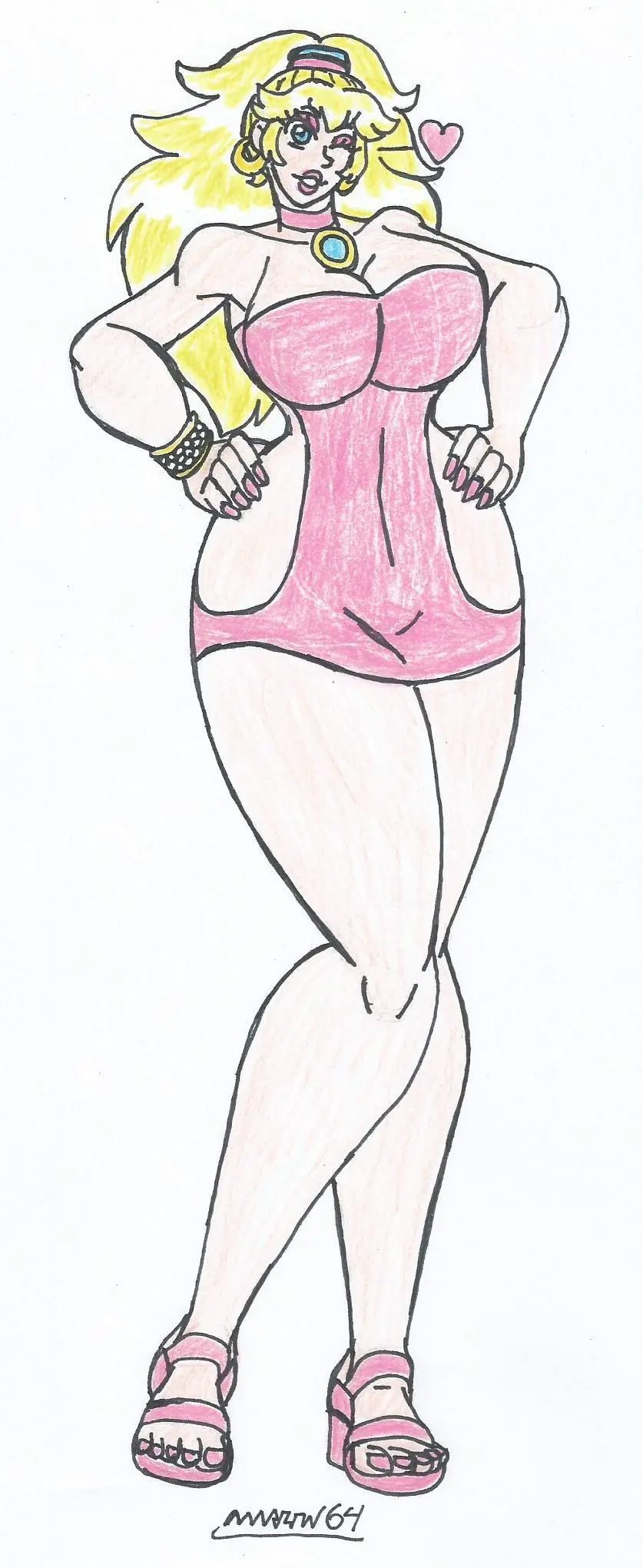 Image 1girls, big_breasts, breasts, female, looking_at_viewer, white_background, blue_eyes, earrings, smiling_at_viewer, solo_female, huge_breasts, blonde_hair, hairclip, wink, mario_(series), high_heels, alternate_breast_size, bracelet, heart, blonde_hair_female, princess_peach, big_hips, neckwear, long_ponytail, pink_nails, pink_lipstick, alternate_body_type, pink_eyeshadow, high_heel_sandals, traditional_drawing_(artwork), sexy_dress, marlon64, modified_costume