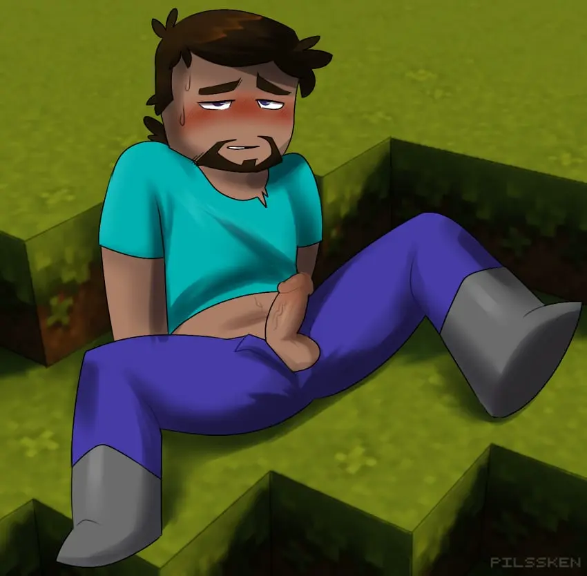 Image blush,male,penis,male_only,sitting,purple_eyes,brown_hair,gay,small_penis,sweatdrop,minecraft,sweating,facial_hair,blue_shirt,pants_open,goatee,steve_(minecraft),pilssken