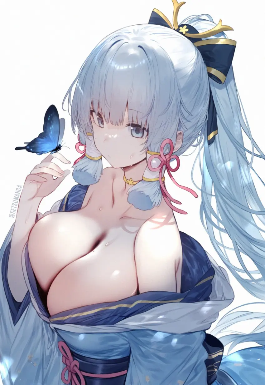 Image 1girls,breasts,female,female_only,large_breasts,light-skinned_female,light_skin,solo,white_background,ai_generated,cleavage,genshin_impact,kamisato_ayaka,butterfly,setsuaiart