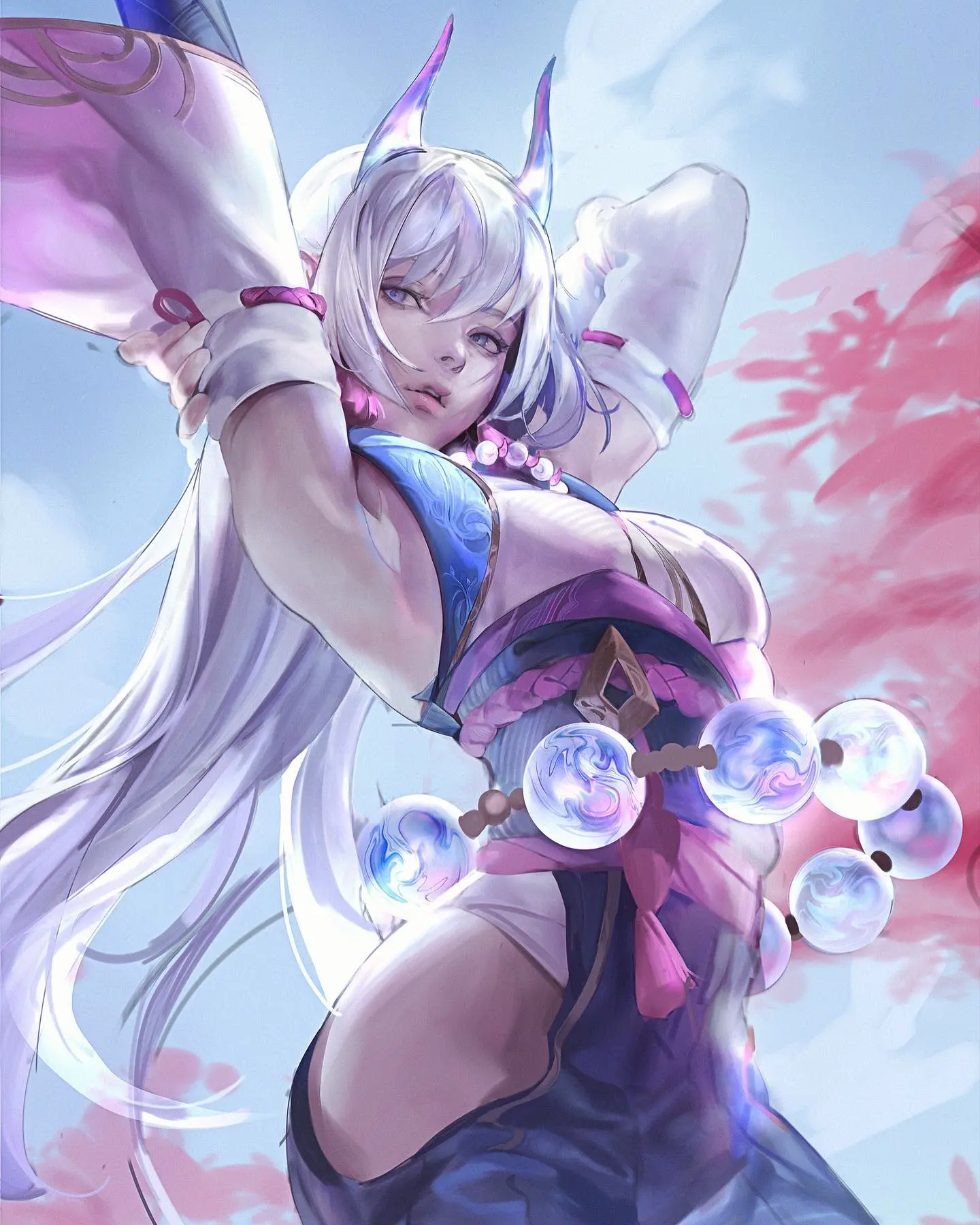 Image 1girls,female,long_hair,white_hair,armpits,horns,league_of_legends,oni_horns,syndra,kassian.art,spirit_blossom_series,spirit_blossom_syndra