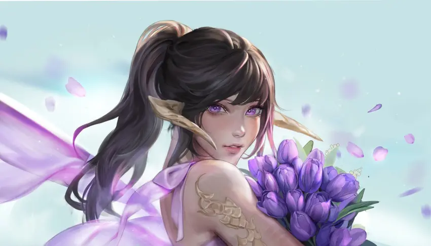 Image 1girls,female,horns,purple_eyes,brown_hair,flower,flowers,kassian.art