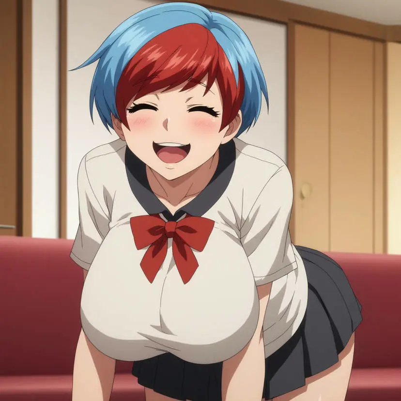 Image big_breasts,blush,breasts,female,female_only,hi_res,highres,open_mouth,smile,solo,pokemon,multicolored_hair,ai_generated,stable_diffusion,school_uniform,busty,curvy,closed_eyes,indoors,nintendo,bent_over,skirt,penny_(pokemon),pokemon_sv,facing_viewer,game_freak,pokemon_(game),creatures_(company),laughing,pokemon_trainer,seraphim_ai,pony_diffusion_xl