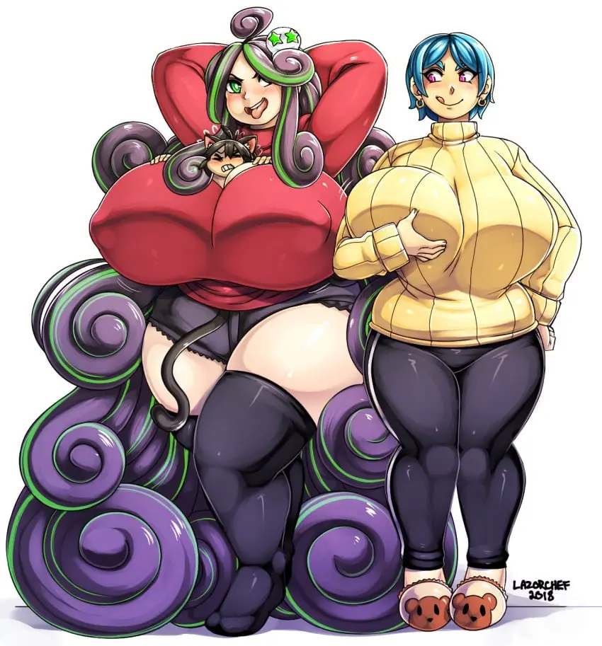 Image breasts,female,long_hair,1boy,2girls,male,short_hair,thick_thighs,wide_hips,cleavage,covered_nipples,size_difference,huge_breasts,gigantic_breasts,curvy,breast_grab,smaller_male,sweater,commission,larger_female,taller_girl,between_breasts,grabbing_own_breast,taller_female,red_shirt,cat_boy,zettai_ryouiki,absolute_territory,lazorchef,body_between_breasts