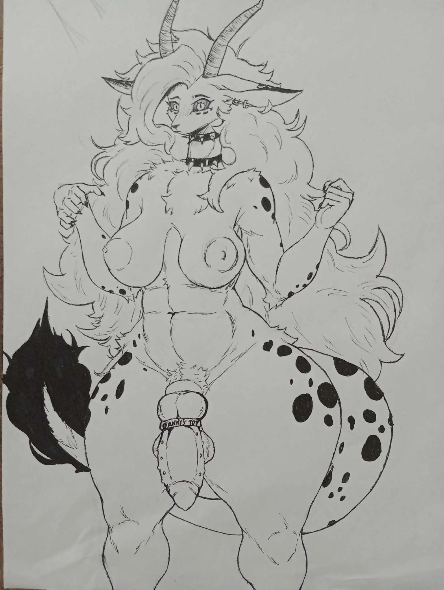 Image hi_res,solo,penis,furry,futanari,intersex,accessory,jewelry,anthro,long_neck,sketch,markings,hybrid,traditional_media_(artwork),cock_ring,spots,spotted_body,chimera,penis_accessory,penis_jewelry,bhell_(kimehrah),ddannydemon,nankim