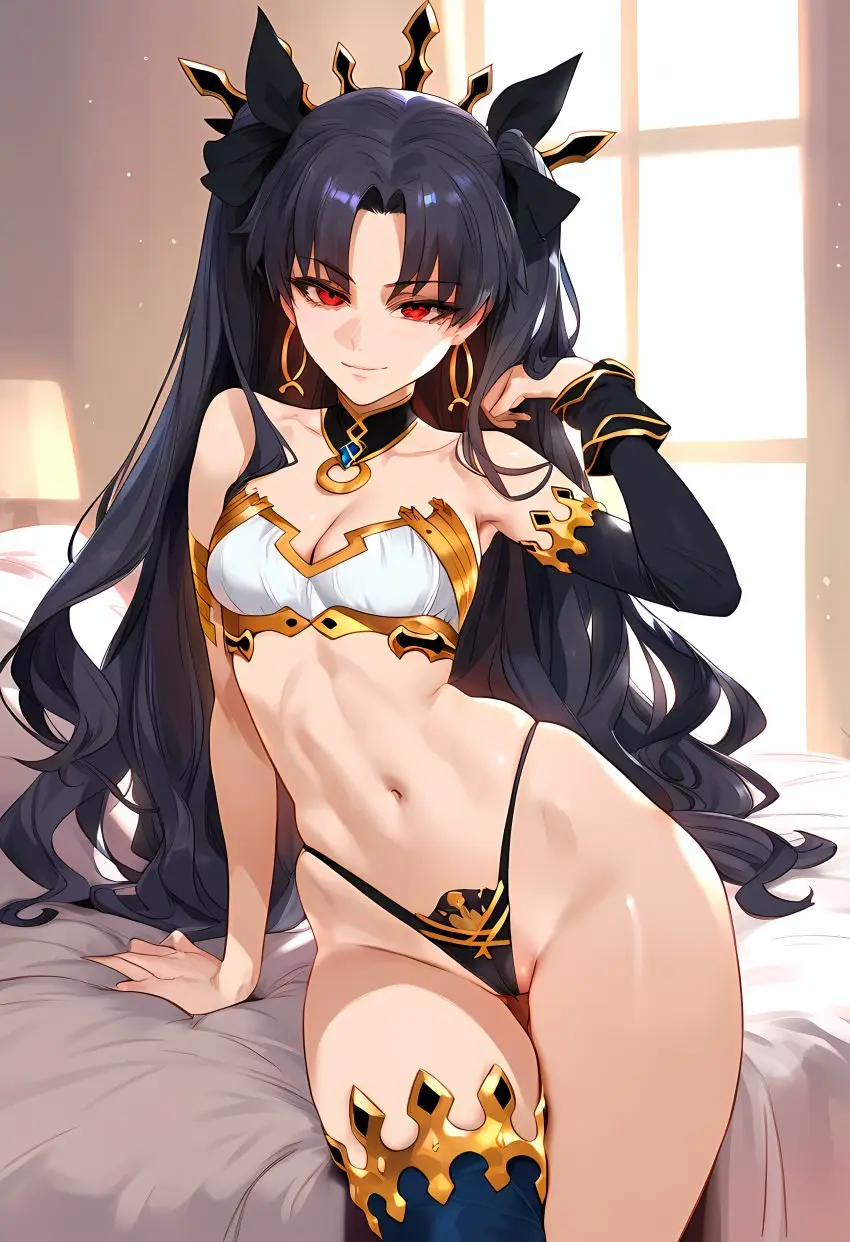 Image female,female_only,red_eyes,black_hair,ai_generated,fate_(series),blue_legwear,gold_jewelry,blue_armwear,gold_earrings,geosan,ishtar