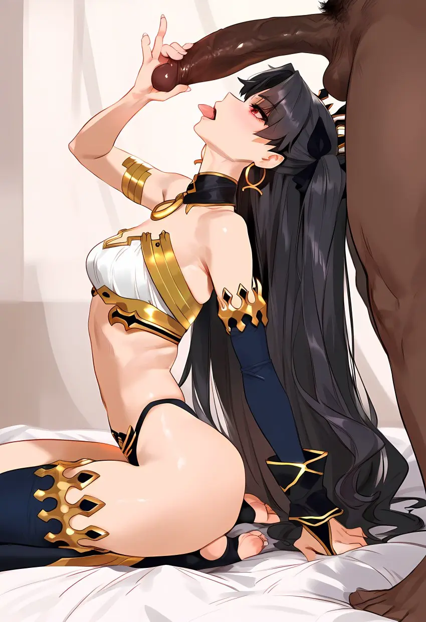 Image female,red_eyes,black_hair,male,dark-skinned_male,ai_generated,fate_(series),blue_legwear,gold_jewelry,blue_armwear,gold_earrings,geosan,ishtar