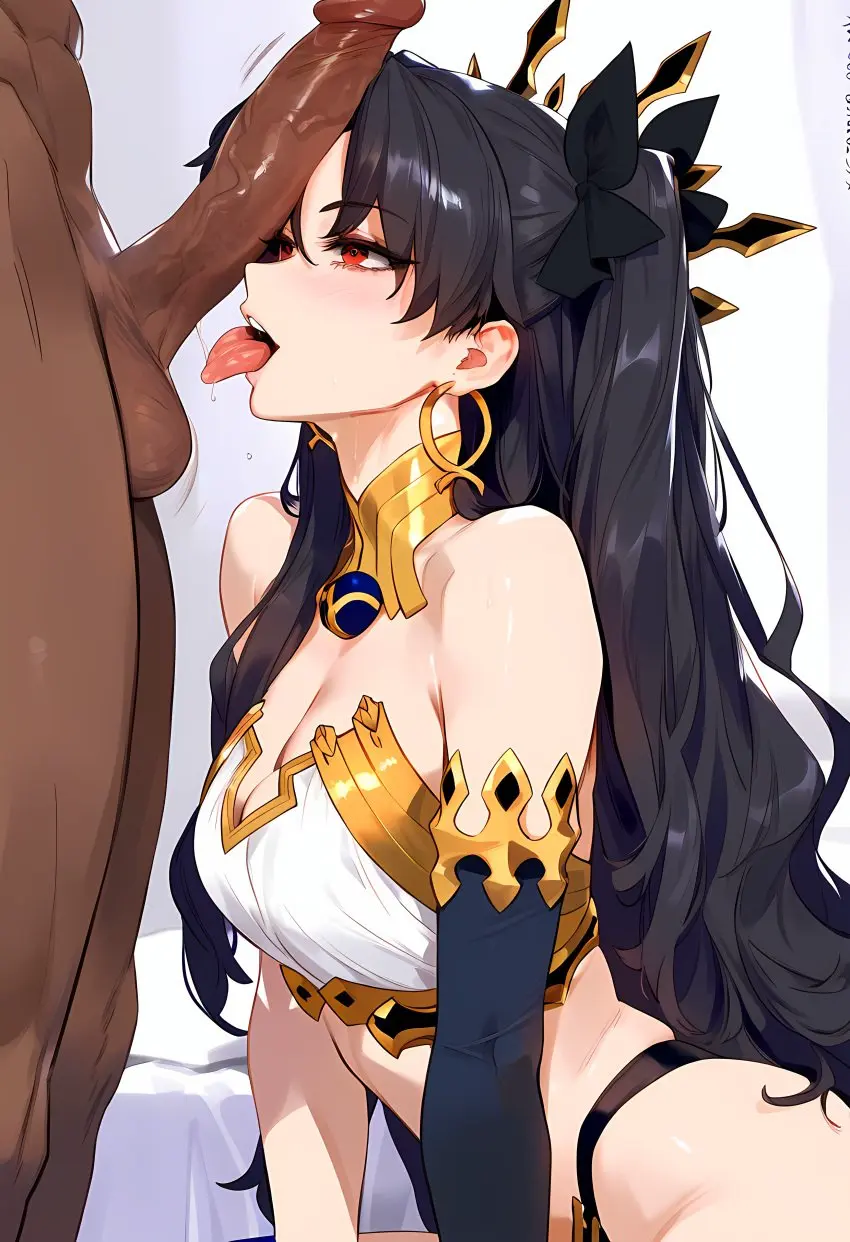 Image female,red_eyes,black_hair,male,dark-skinned_male,ai_generated,fate_(series),blue_legwear,gold_jewelry,blue_armwear,gold_earrings,geosan,ishtar