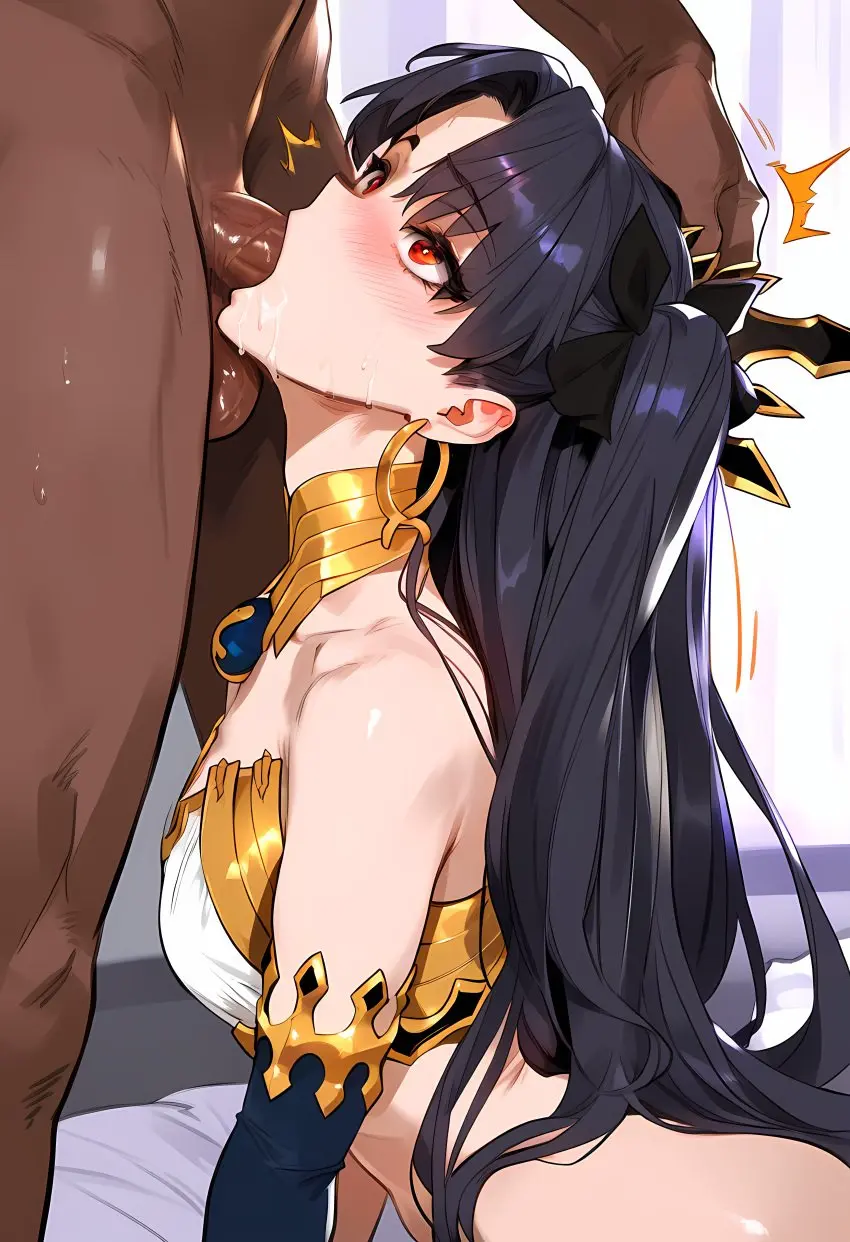 Image female,red_eyes,black_hair,male,dark-skinned_male,ai_generated,fate_(series),blue_legwear,gold_jewelry,blue_armwear,gold_earrings,geosan,ishtar