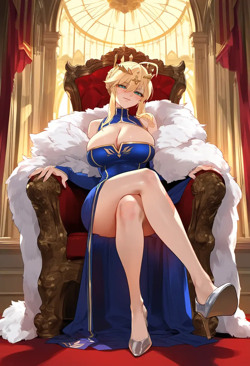 Image big_breasts,breasts,female,female_only,ai_generated,blonde_hair,green_eyes,looking_down,femdom,fate_(series),crown,long_legs,artoria_pendragon,artoria_pendragon_(lancer),geosan
