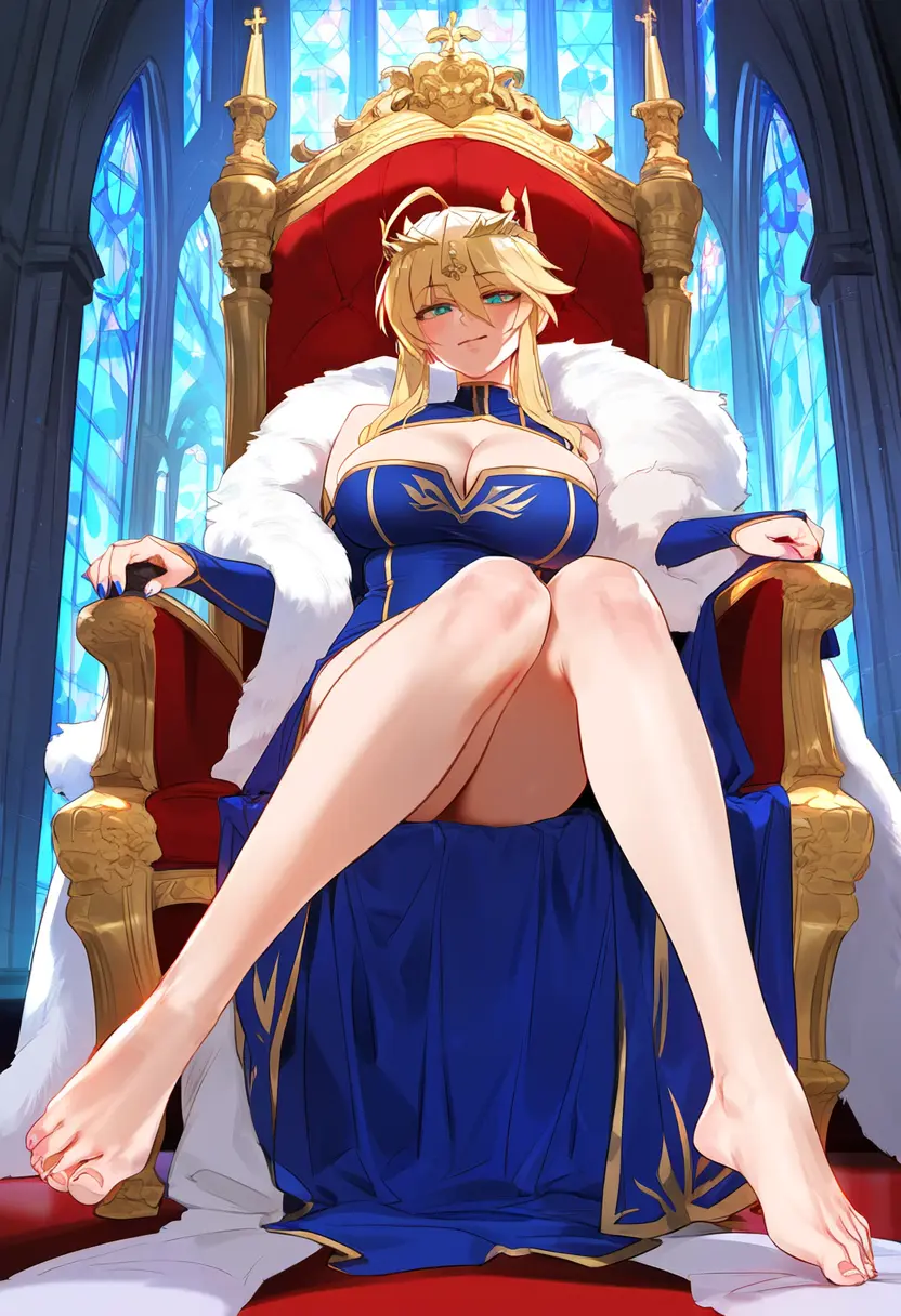 Image big_breasts,breasts,female,female_only,ai_generated,blonde_hair,green_eyes,looking_down,femdom,fate_(series),crown,long_legs,artoria_pendragon,artoria_pendragon_(lancer),geosan