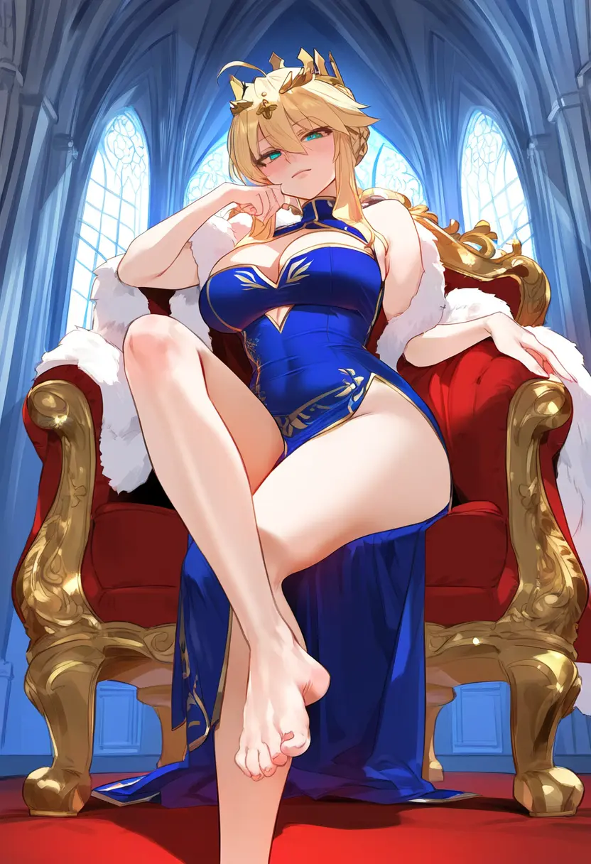 Image big_breasts,breasts,female,female_only,ai_generated,blonde_hair,green_eyes,looking_down,femdom,fate_(series),crown,long_legs,artoria_pendragon,artoria_pendragon_(lancer),geosan