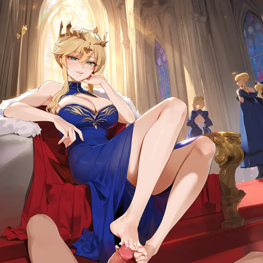 Image big_breasts,breasts,female,ai_generated,blonde_hair,green_eyes,looking_down,femdom,fate_(series),crown,long_legs,artoria_pendragon,artoria_pendragon_(lancer),geosan