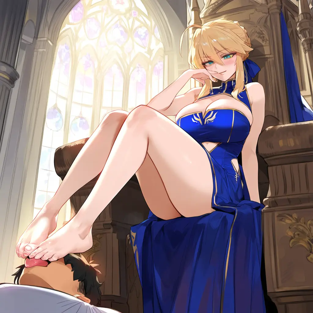 Image big_breasts,breasts,female,ai_generated,blonde_hair,green_eyes,looking_down,femdom,fate_(series),crown,long_legs,artoria_pendragon,artoria_pendragon_(lancer),geosan