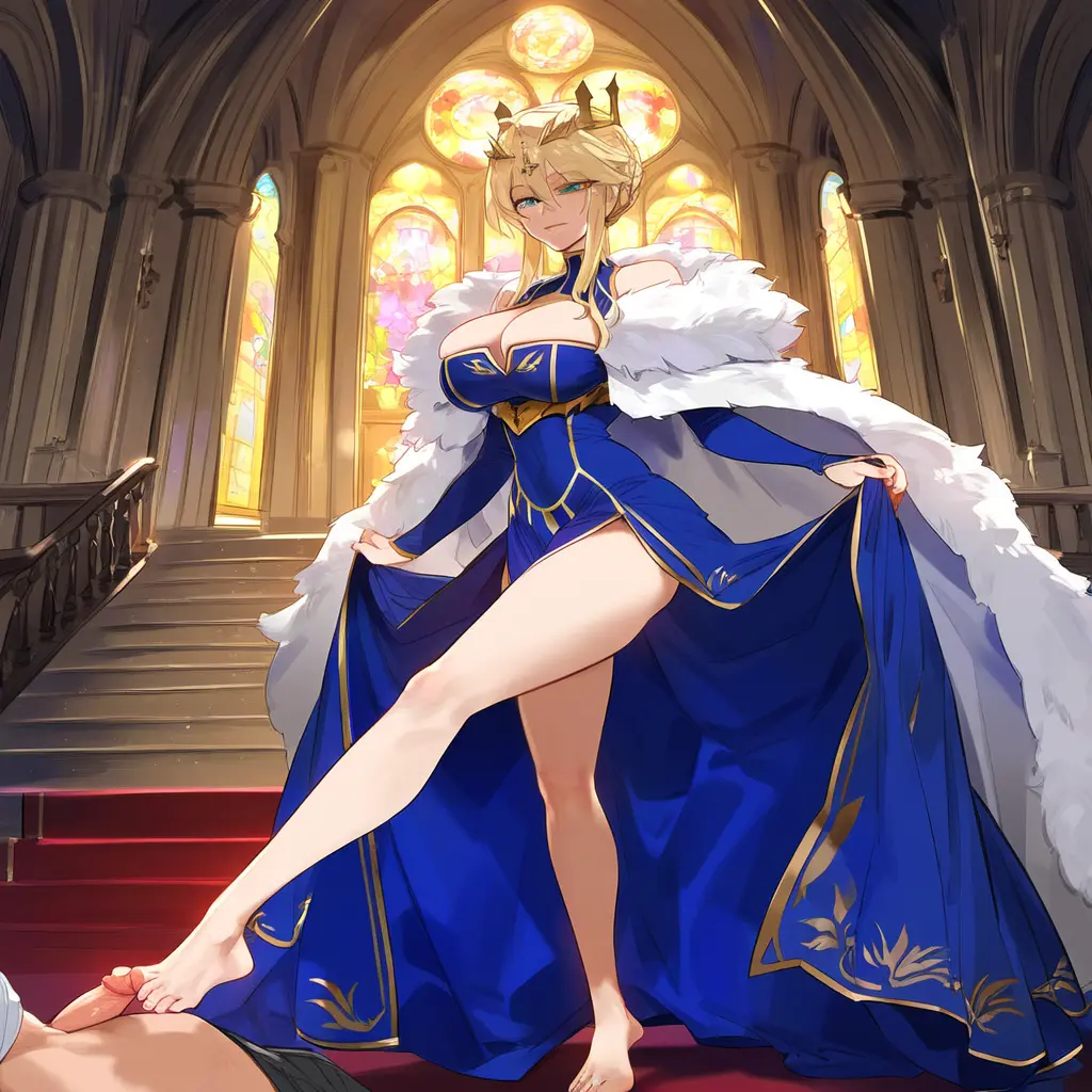 Image big_breasts,breasts,female,ai_generated,blonde_hair,green_eyes,looking_down,femdom,fate_(series),crown,long_legs,artoria_pendragon,artoria_pendragon_(lancer),geosan