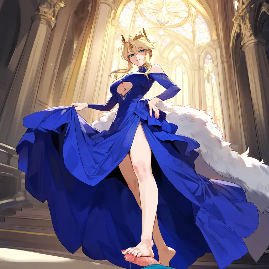 Image big_breasts,breasts,female,ai_generated,blonde_hair,green_eyes,looking_down,femdom,fate_(series),crown,long_legs,artoria_pendragon,artoria_pendragon_(lancer),geosan