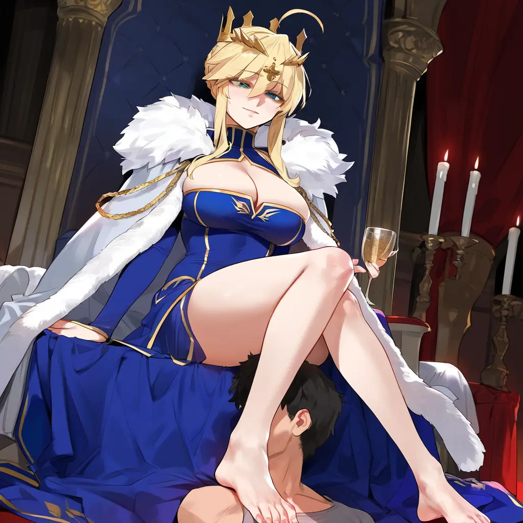 Image big_breasts,breasts,female,ai_generated,blonde_hair,green_eyes,looking_down,femdom,fate_(series),crown,long_legs,artoria_pendragon,artoria_pendragon_(lancer),geosan